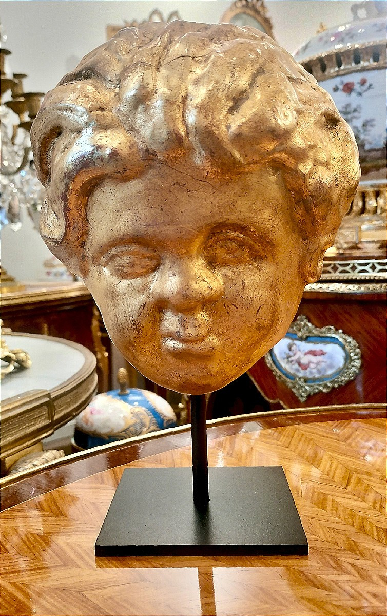 Baroque Gilded And Carved Wood Angel Head Italy 17th - 18th Century-photo-3