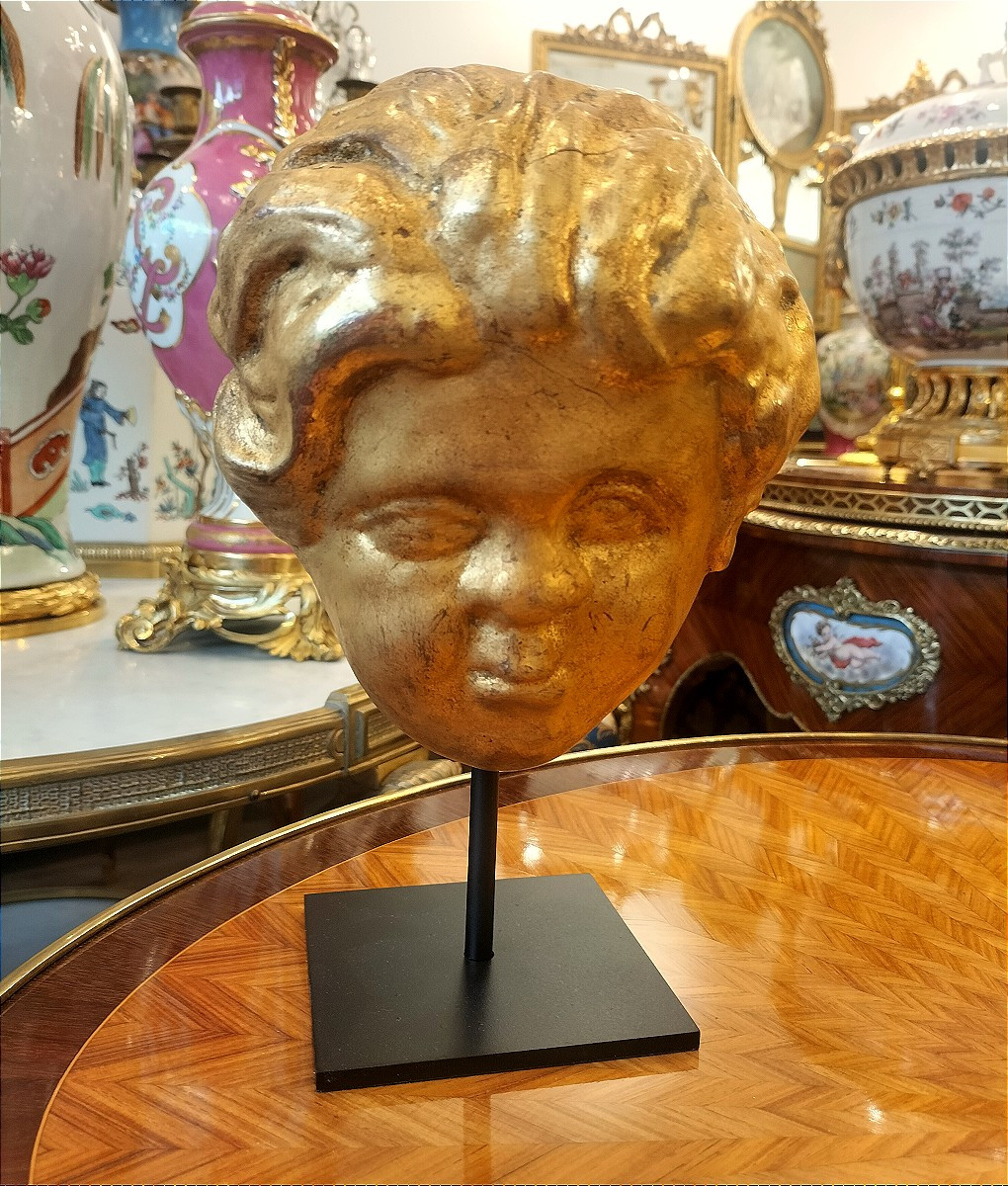 Baroque Gilded And Carved Wood Angel Head Italy 17th - 18th Century