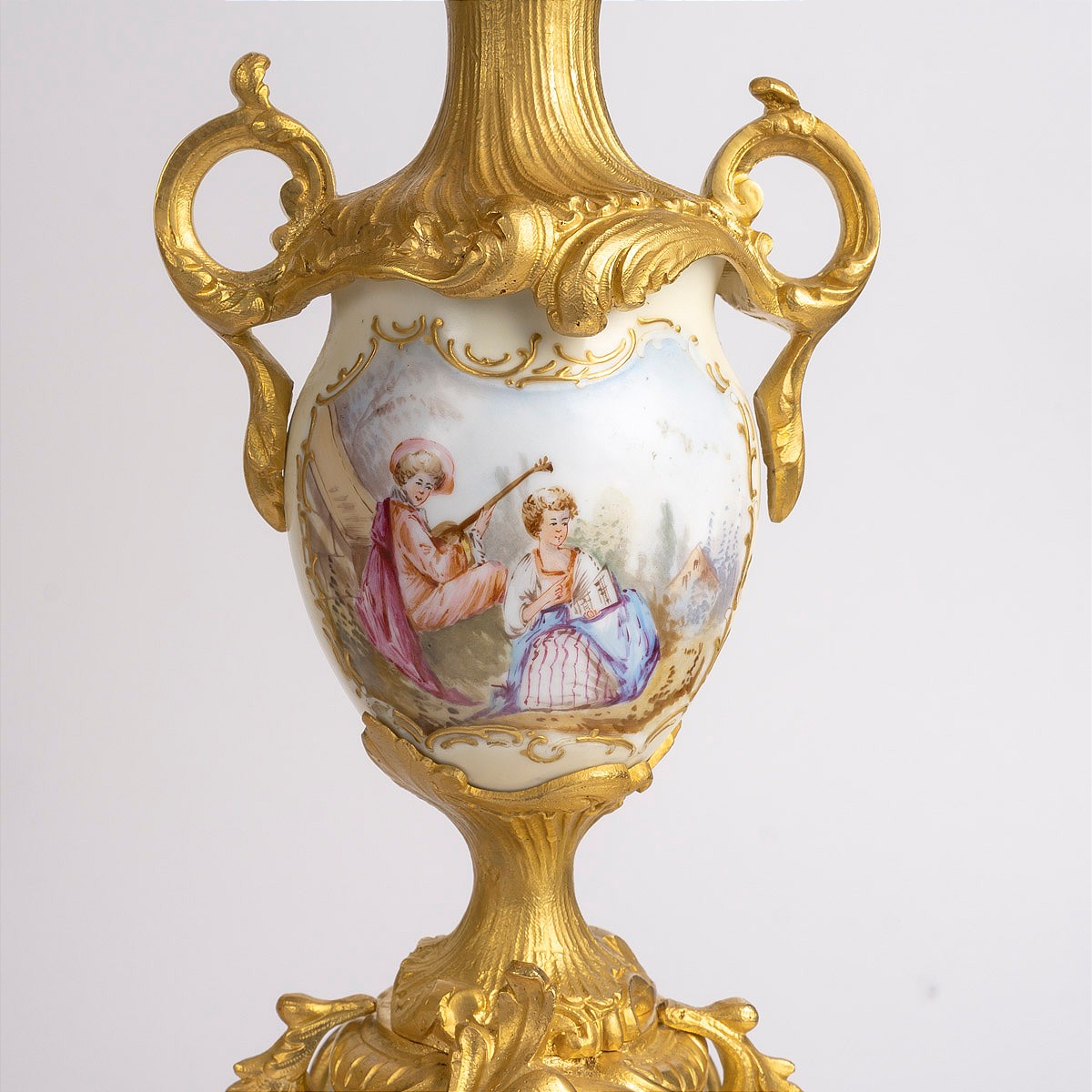 Garniture de cheminée en bronze doré et plaque de porcelaine -photo-2