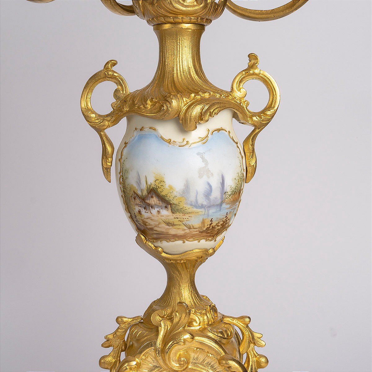 Garniture de cheminée en bronze doré et plaque de porcelaine -photo-4
