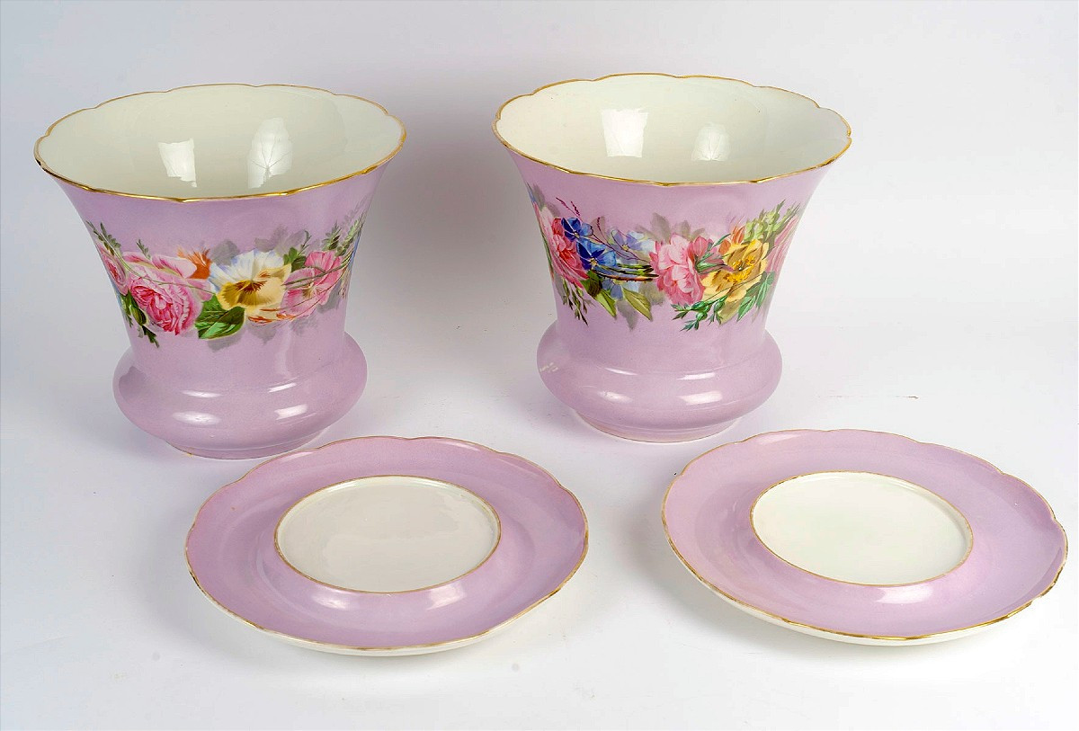 Paire de cache pots et leur soucoupe en porcelaine de Paris -photo-2