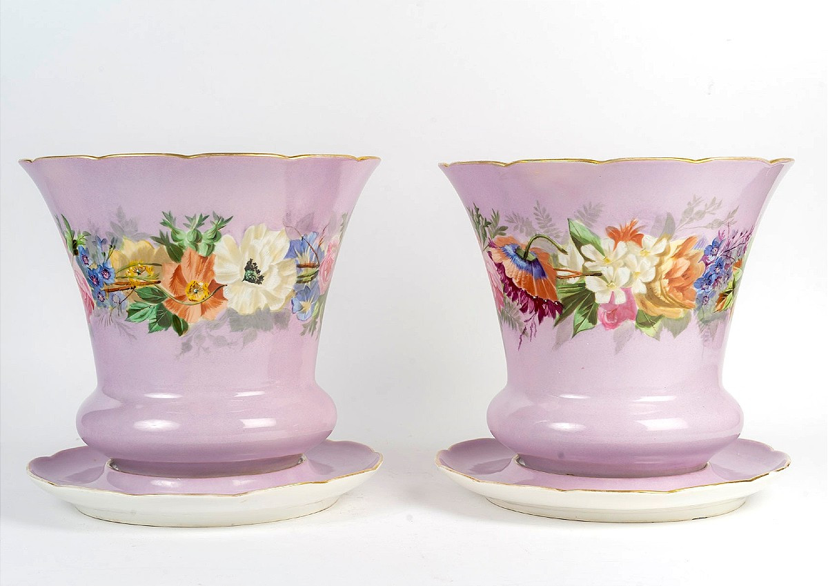 Paire de cache pots et leur soucoupe en porcelaine de Paris -photo-3