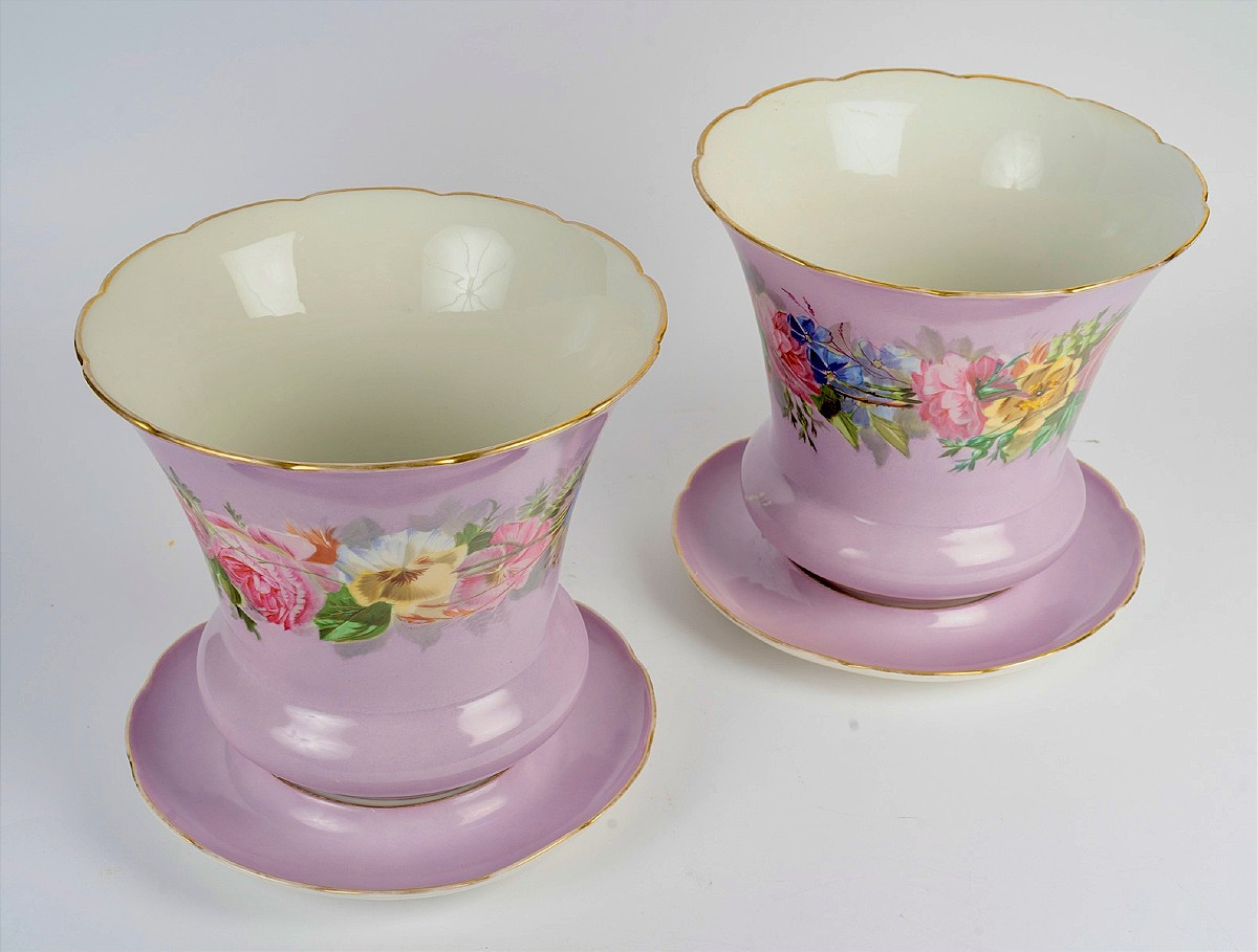 Paire de cache pots et leur soucoupe en porcelaine de Paris -photo-4