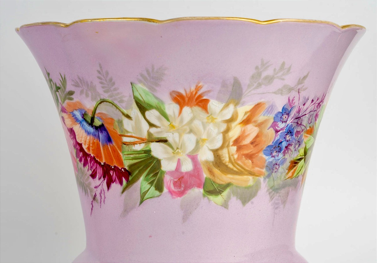 Paire de cache pots et leur soucoupe en porcelaine de Paris -photo-1