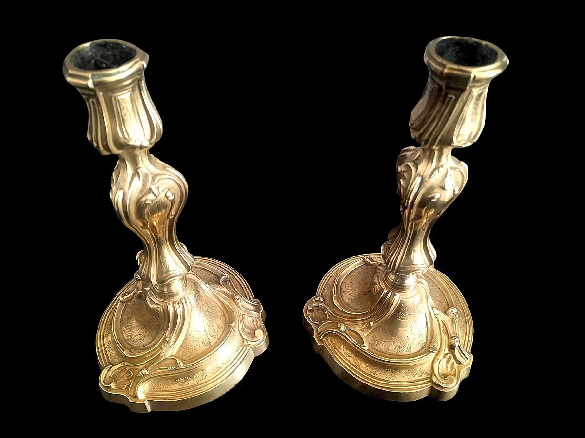 Paire bougeoirs en bronze doré Époque Louis XV -photo-2