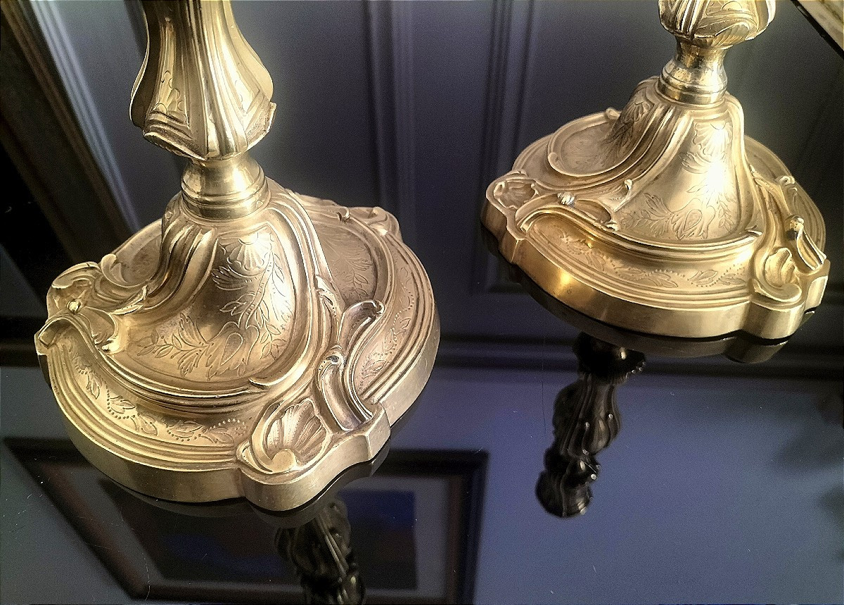 Paire bougeoirs en bronze doré Époque Louis XV -photo-4