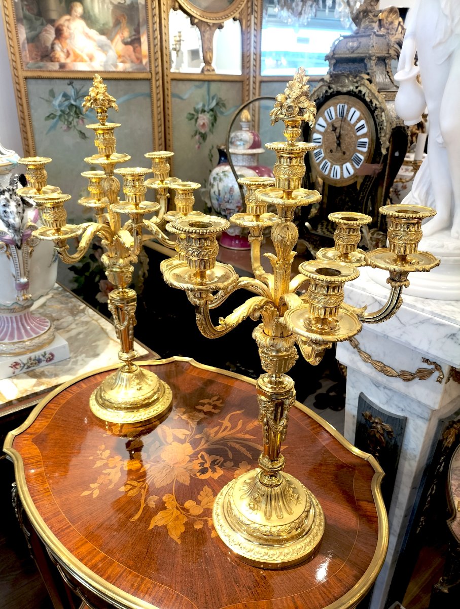 Paire de candélabres en bronze doré style Louis XVI 19ème siècle -photo-2