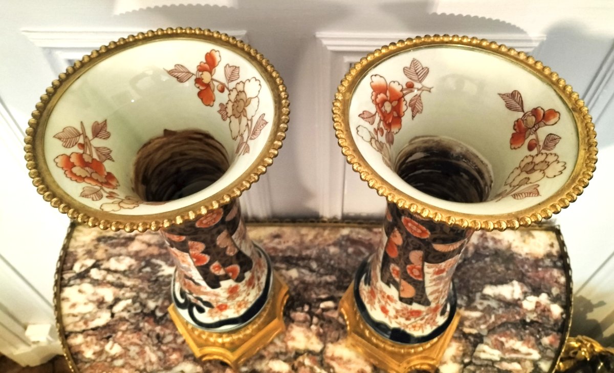 Paire de grands vases cornet en porcelaine de Bayeux monture bronze doré 19ème siècle -photo-4