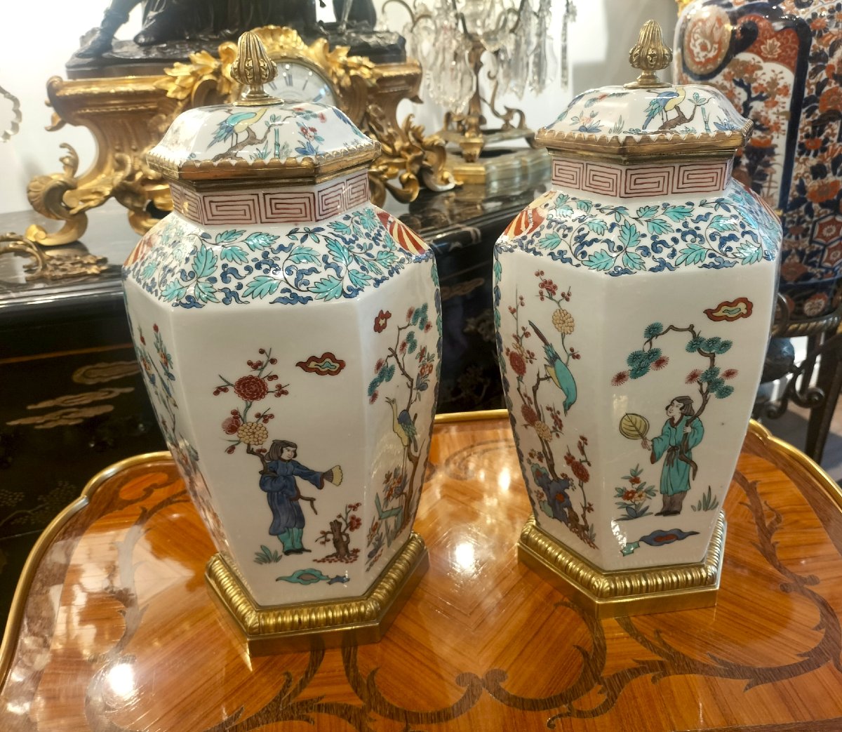 Pair Of Porcelain Vases By Samson, Gilt Bronze Mounting-photo-2