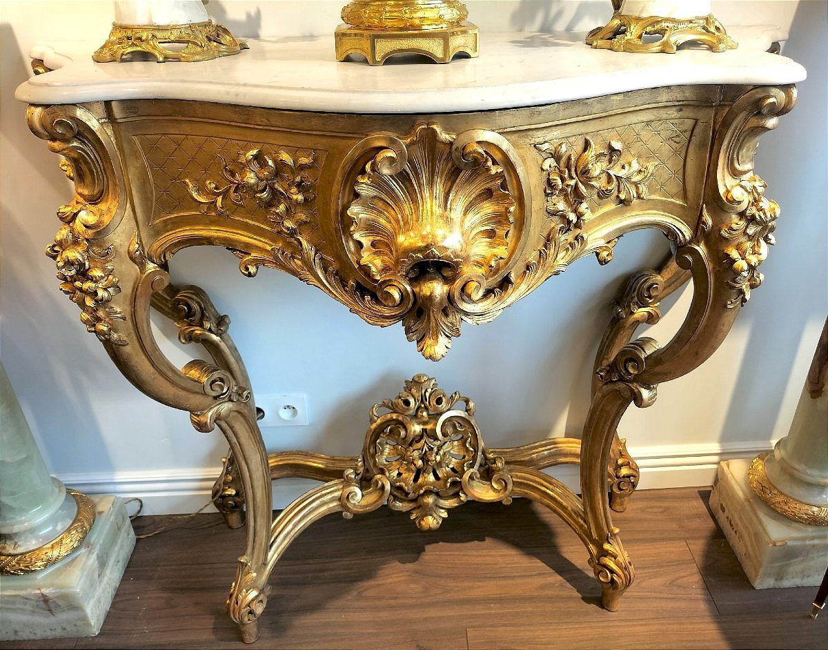 Large Gilded And Carved Wooden Console Table, 19th Century -photo-2