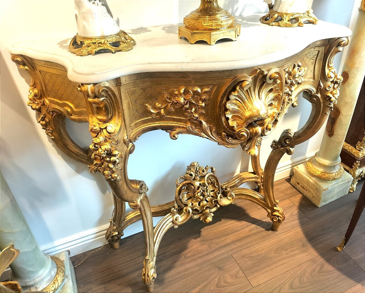 Large Gilded And Carved Wooden Console Table, 19th Century -photo-3