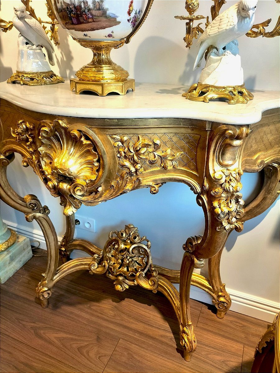 Large Gilded And Carved Wooden Console Table, 19th Century -photo-4