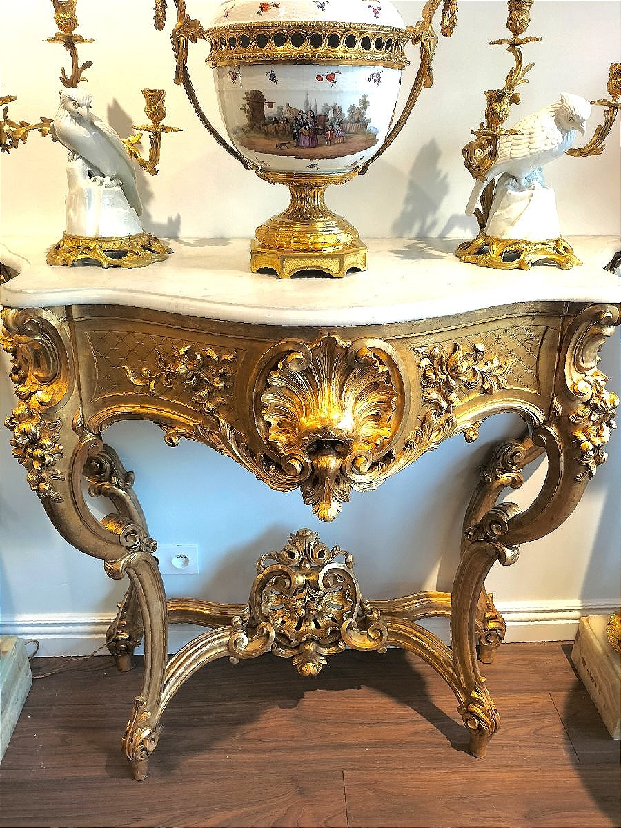 Large Gilded And Carved Wooden Console Table, 19th Century -photo-1