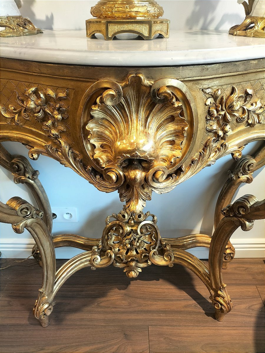 Large Gilded And Carved Wooden Console Table, 19th Century -photo-2