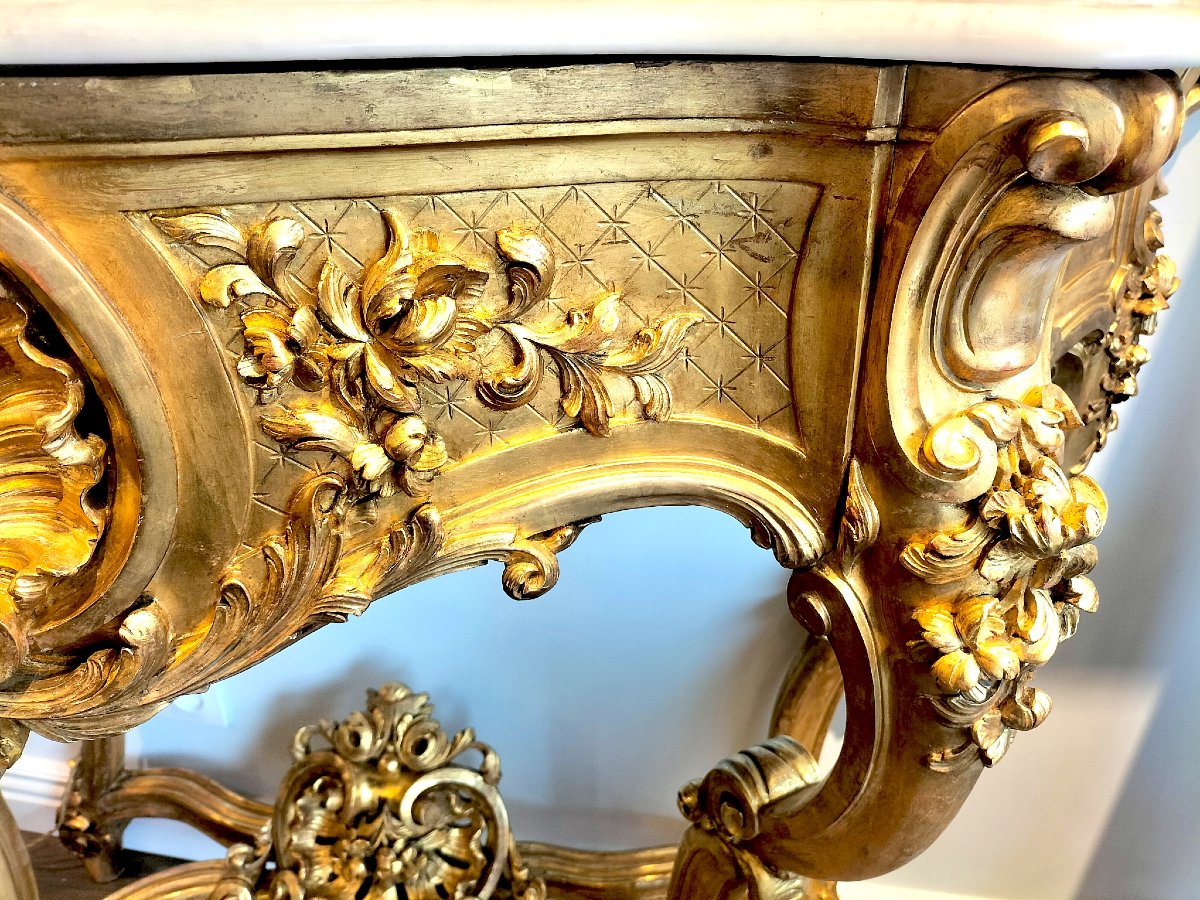 Large Gilded And Carved Wooden Console Table, 19th Century -photo-3