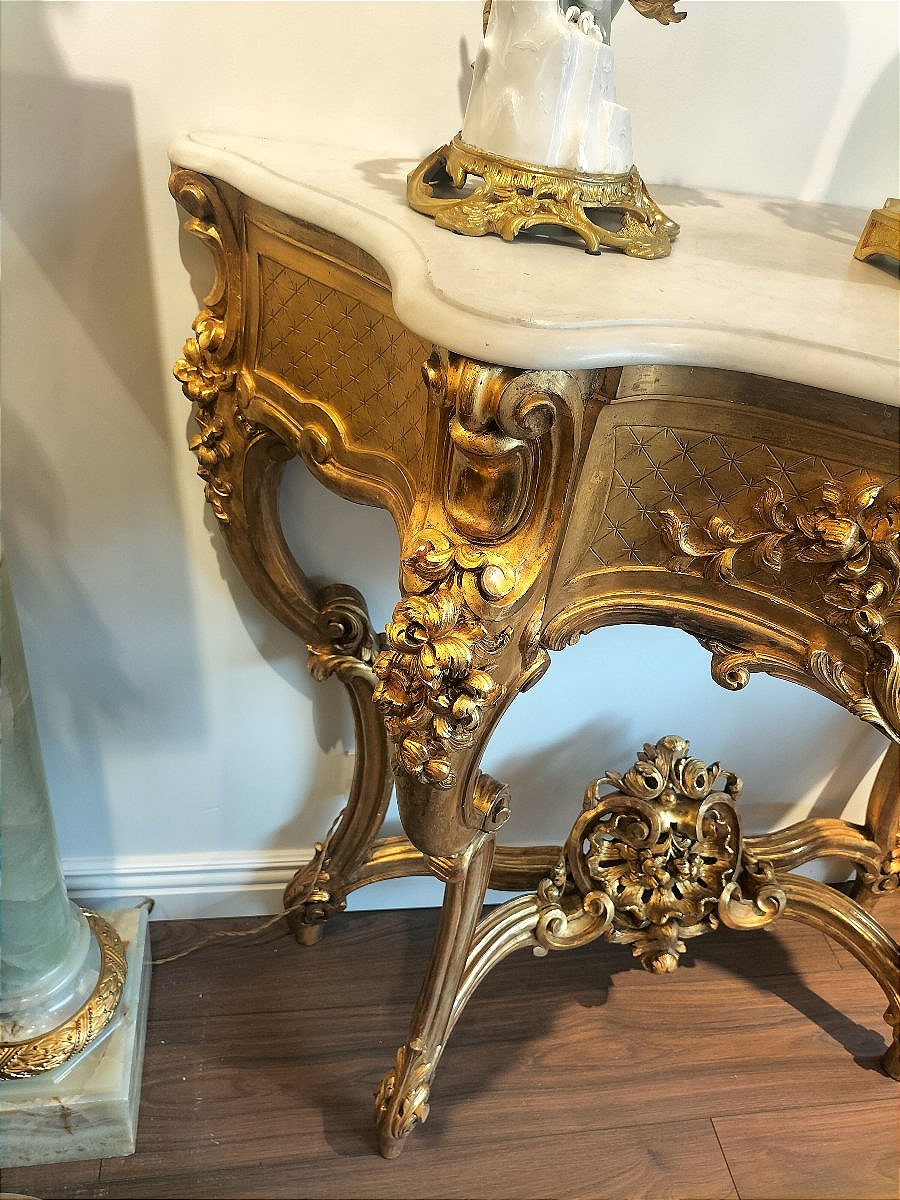 Large Gilded And Carved Wooden Console Table, 19th Century -photo-4