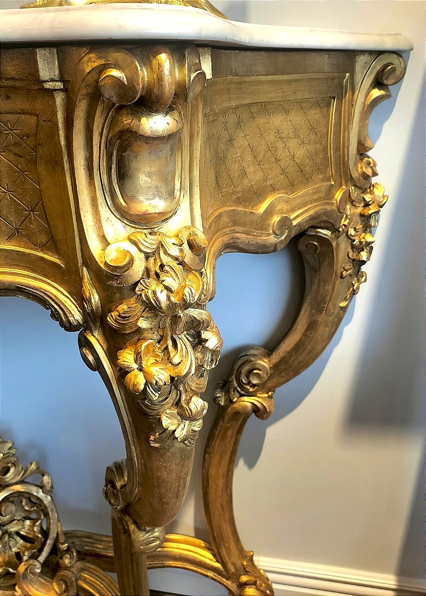 Large Gilded And Carved Wooden Console Table, 19th Century -photo-5