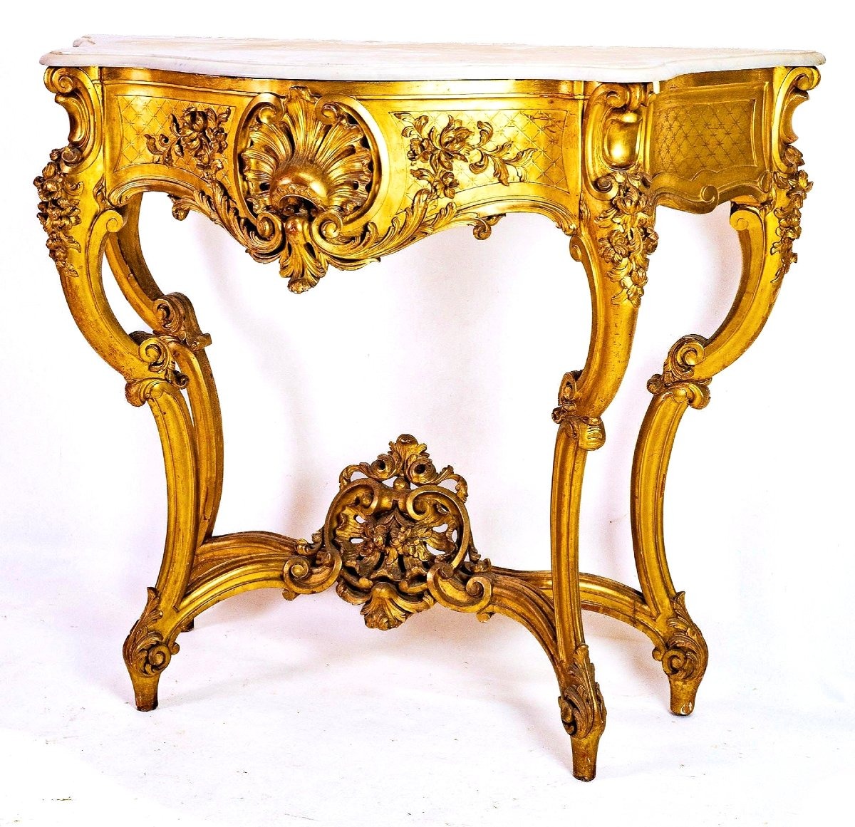 Large Gilded And Carved Wooden Console Table, 19th Century 