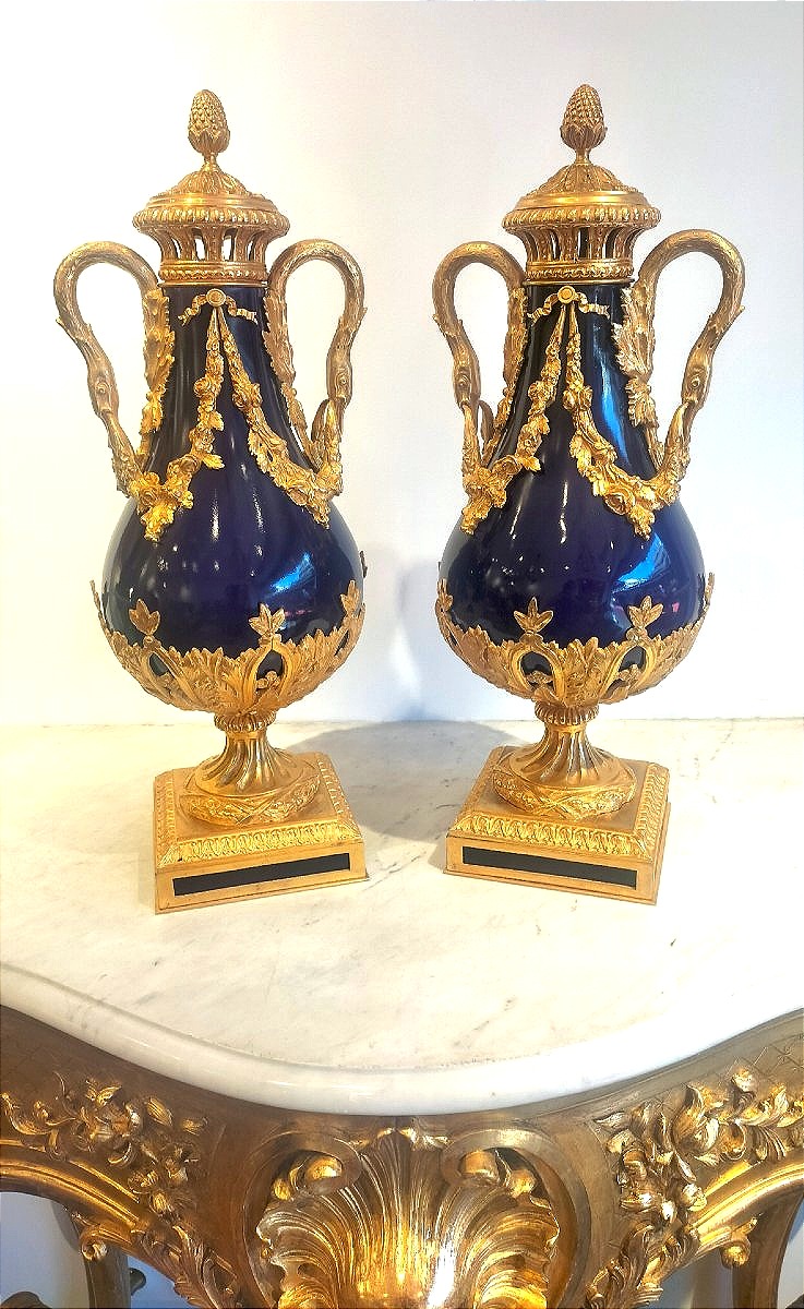 Pair Of Large Sèvres Blue Porcelain Vases With Gilded Bronze Mounts -photo-2