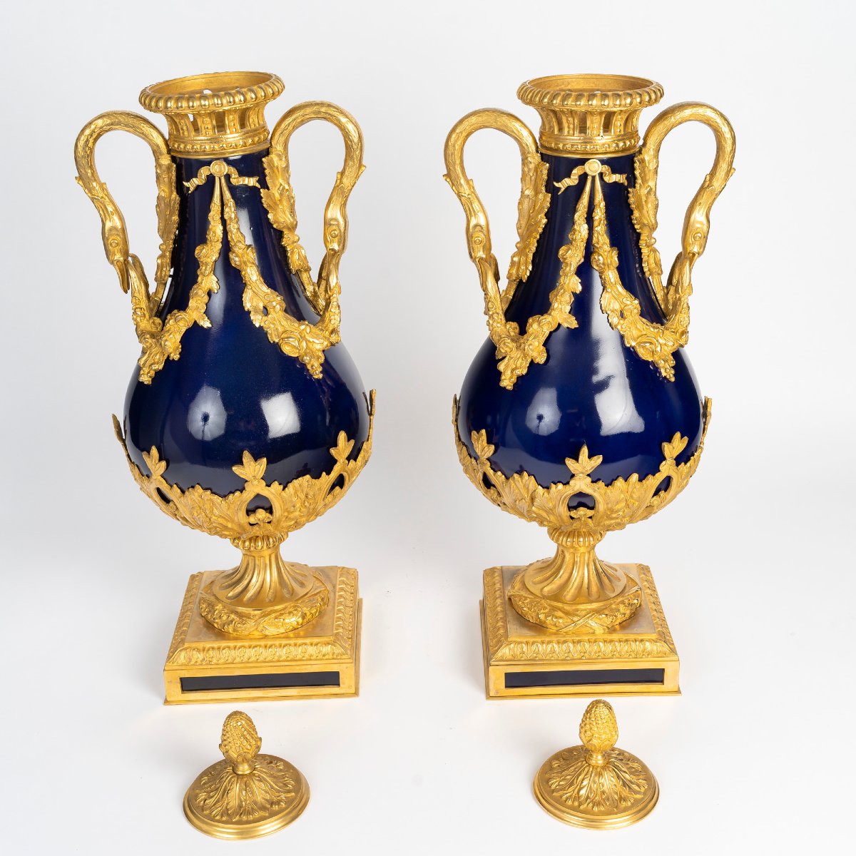 Pair Of Large Sèvres Blue Porcelain Vases With Gilded Bronze Mounts -photo-2