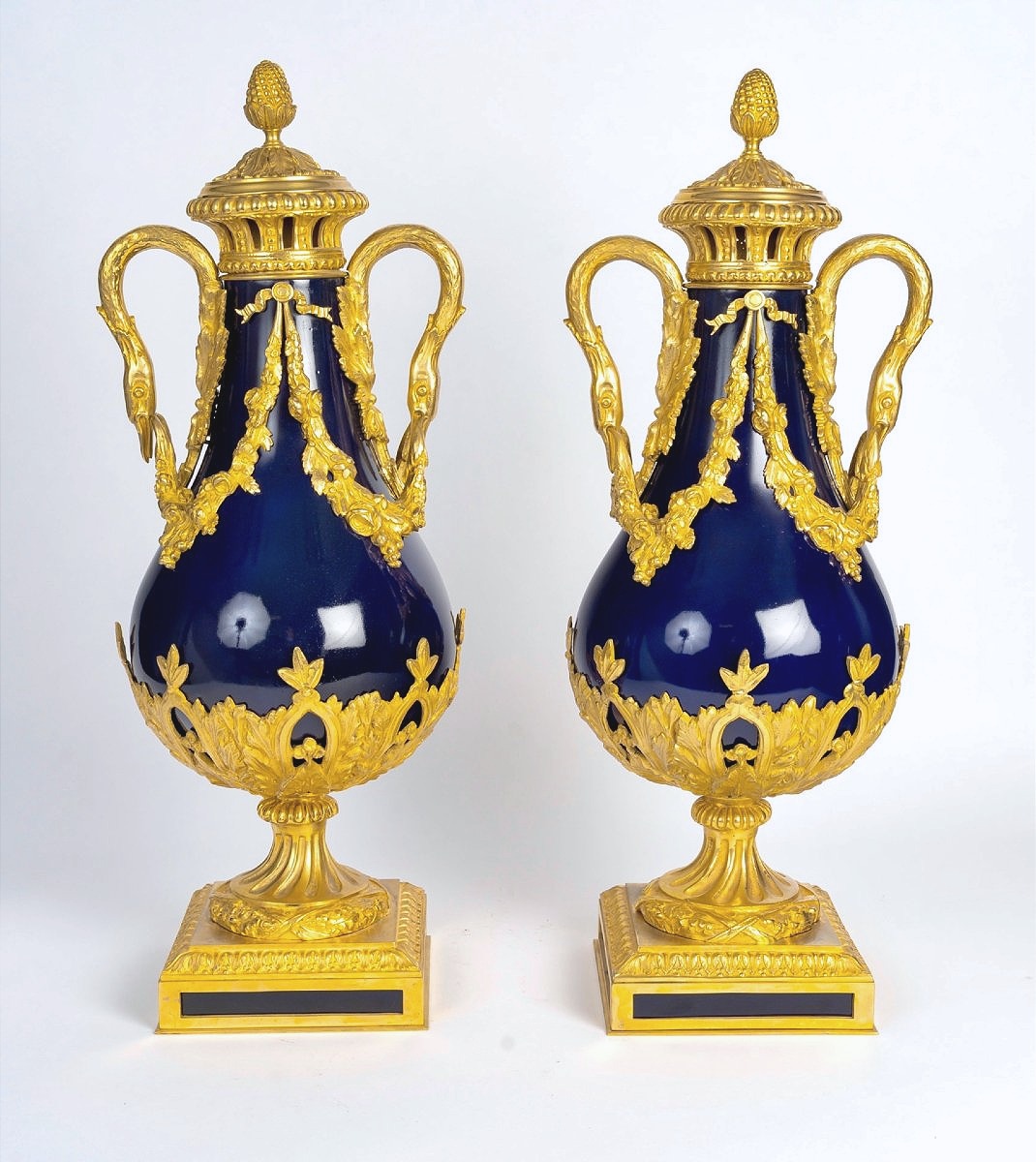 Pair Of Large Sèvres Blue Porcelain Vases With Gilded Bronze Mounts 