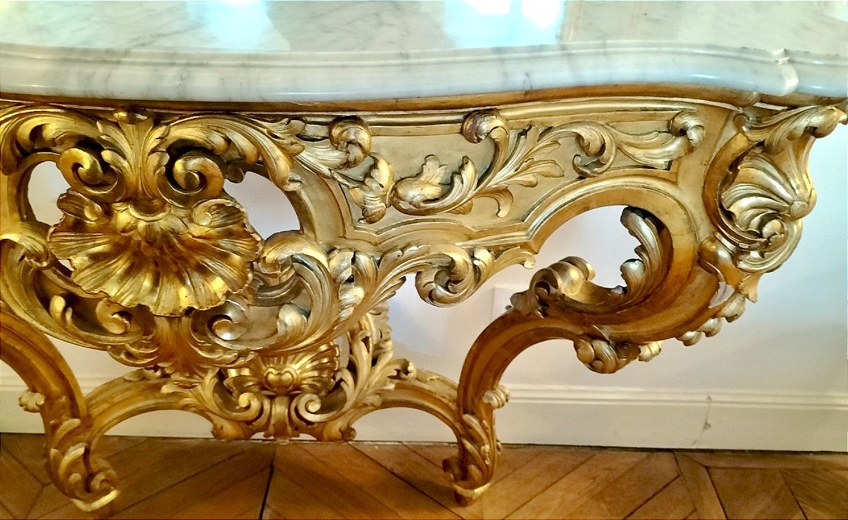 Large Gilded Wooden Console Table In The Louis XV Rococo Style, 19th Century -photo-4
