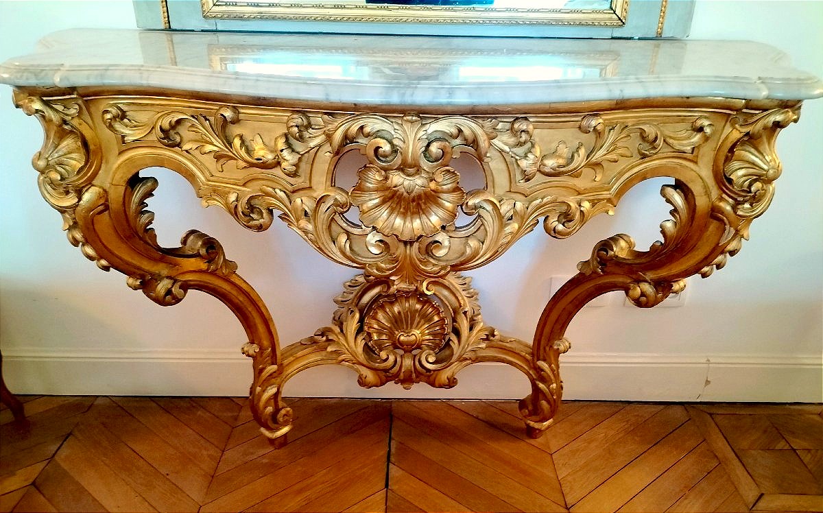 Large Gilded Wooden Console Table In The Louis XV Rococo Style, 19th Century -photo-2