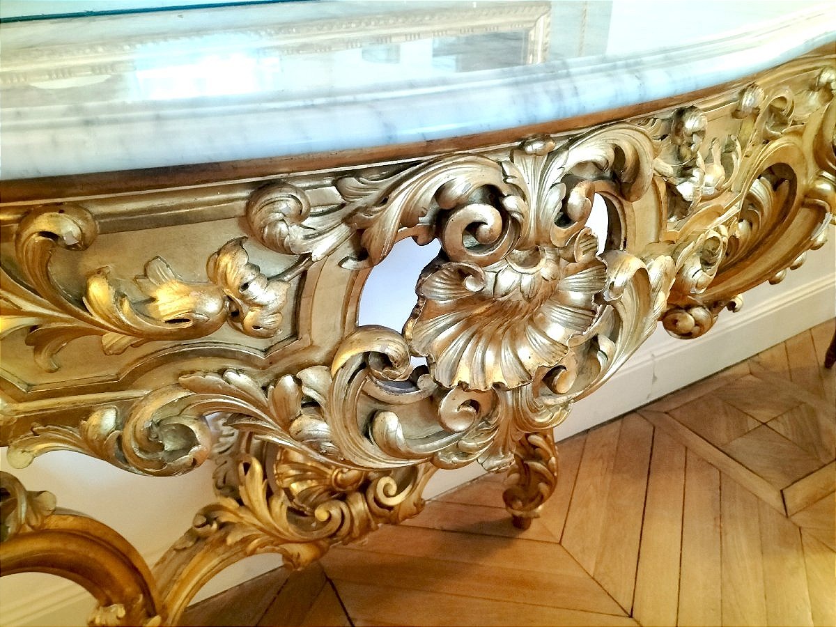 Large Gilded Wooden Console Table In The Louis XV Rococo Style, 19th Century -photo-1