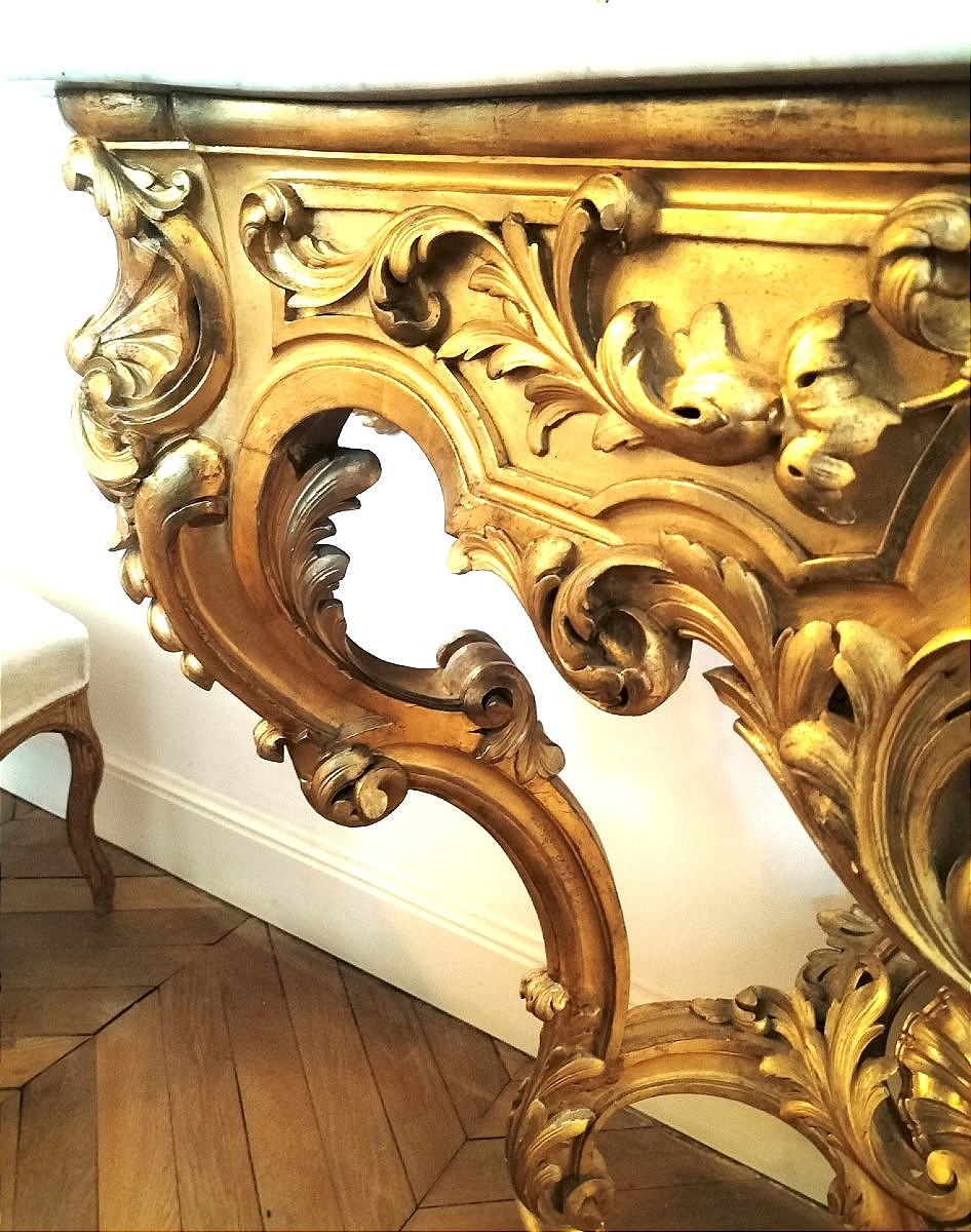 Large Gilded Wooden Console Table In The Louis XV Rococo Style, 19th Century -photo-3