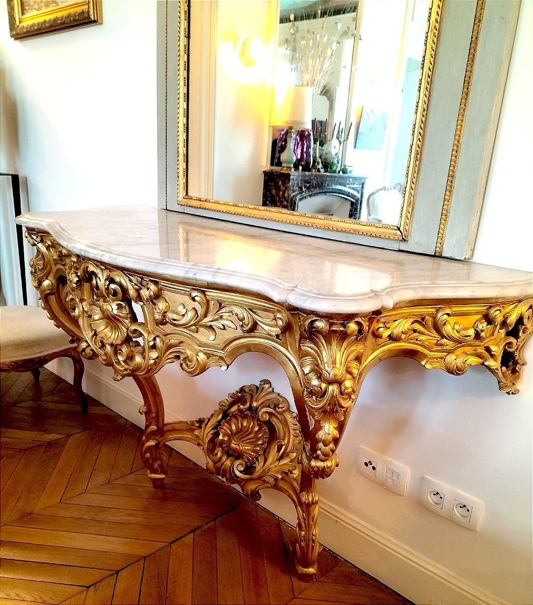 Large Gilded Wooden Console Table In The Louis XV Rococo Style, 19th Century -photo-4