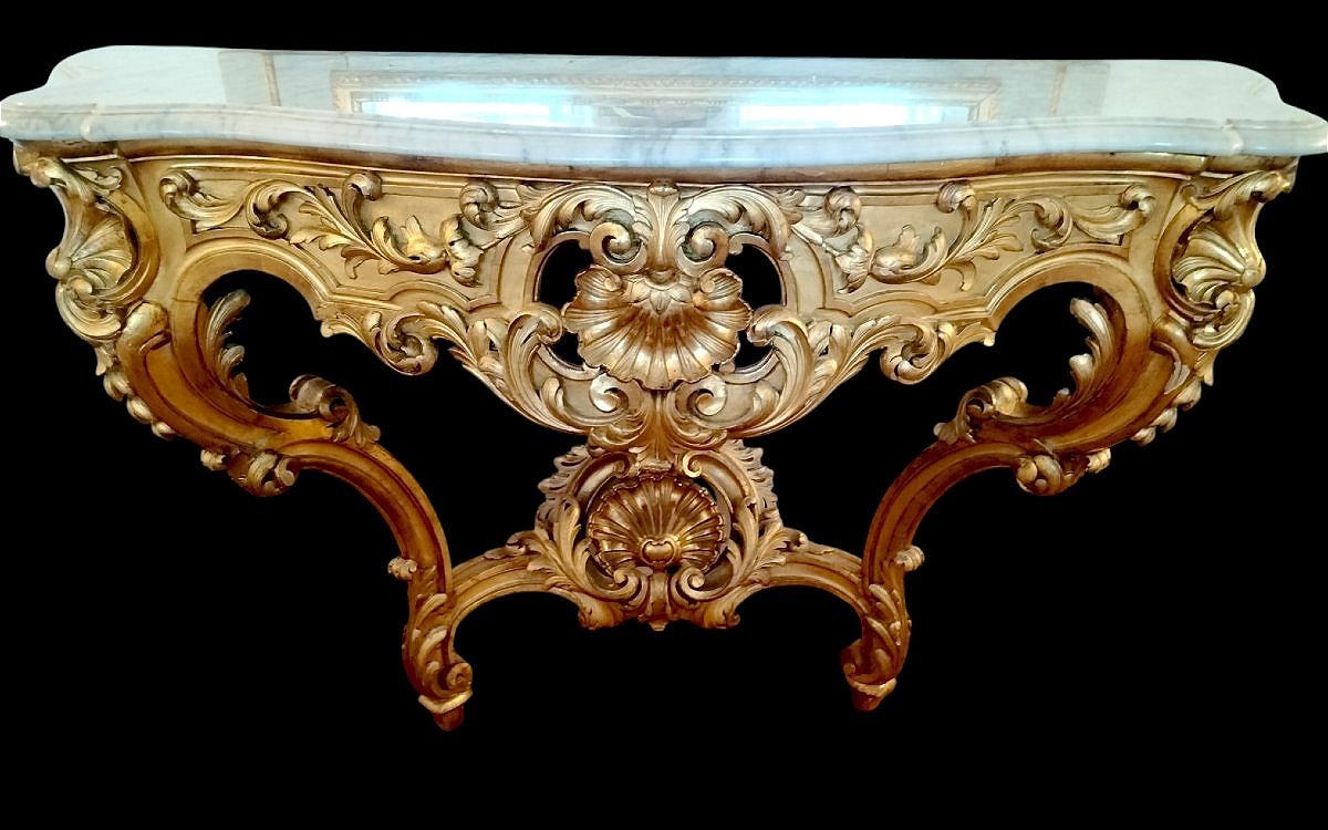 Large Gilded Wooden Console Table In The Louis XV Rococo Style, 19th Century 
