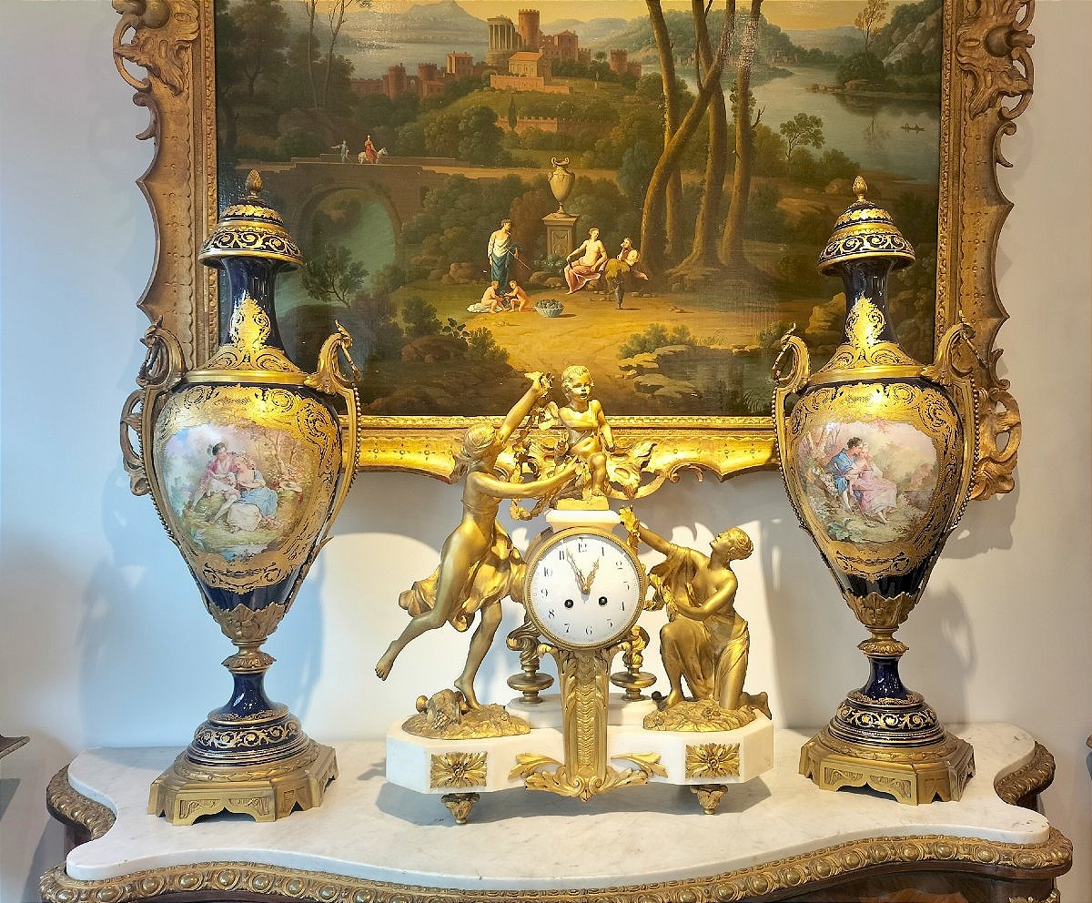 Large 19th-century Louis XVI-style Clock In Gilded Bronze And White Marble -photo-4