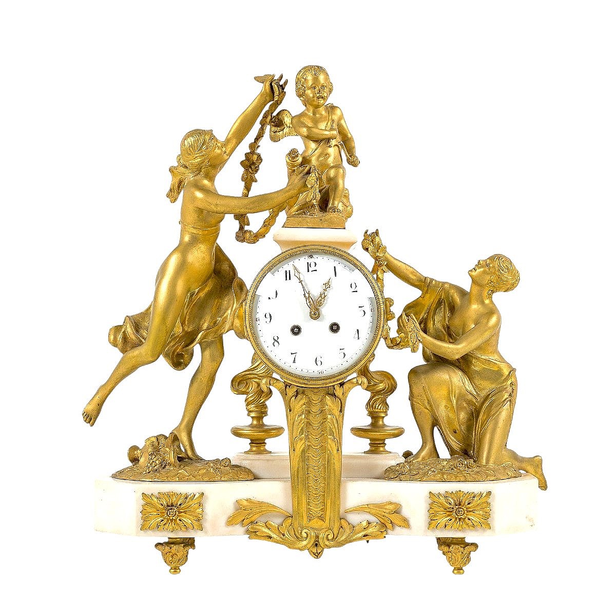 Large 19th-century Louis XVI-style Clock In Gilded Bronze And White Marble -photo-2