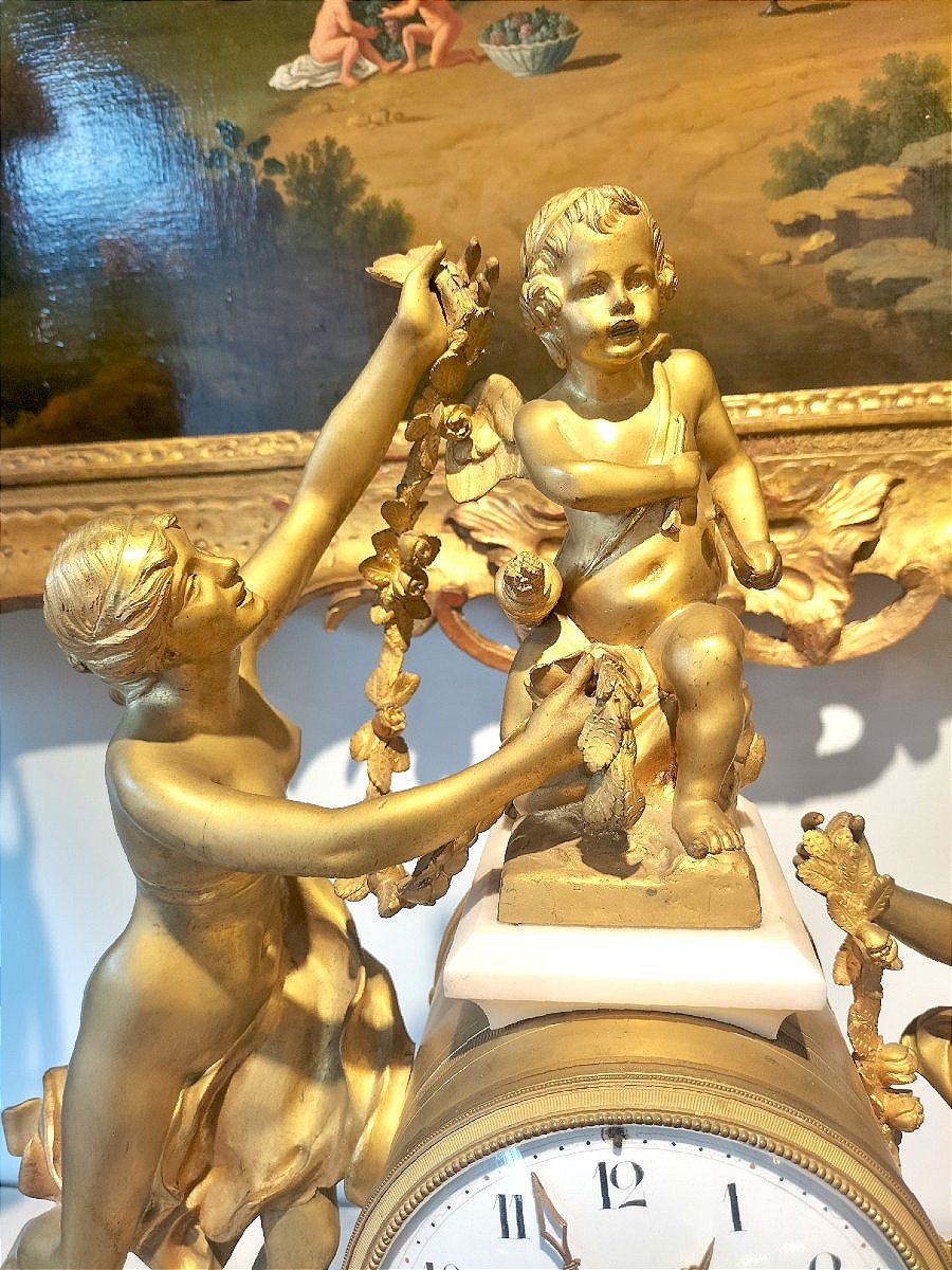 Large 19th-century Louis XVI-style Clock In Gilded Bronze And White Marble -photo-2
