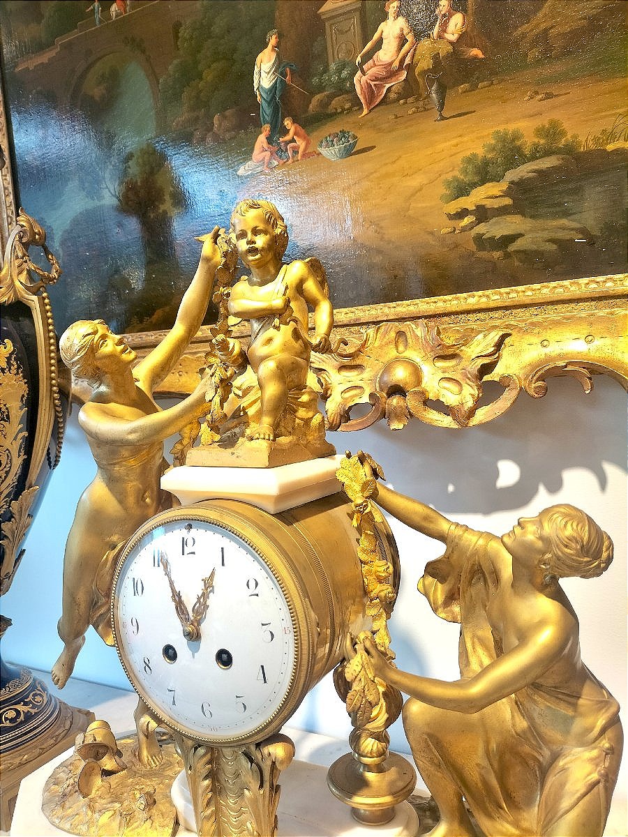 Large 19th-century Louis XVI-style Clock In Gilded Bronze And White Marble -photo-3