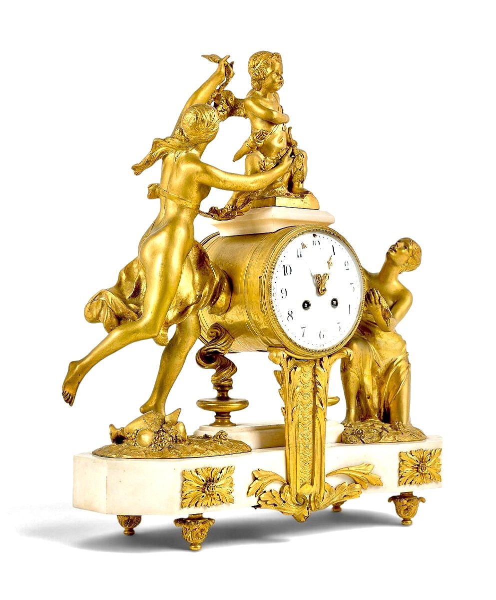 Large 19th-century Louis XVI-style Clock In Gilded Bronze And White Marble -photo-4