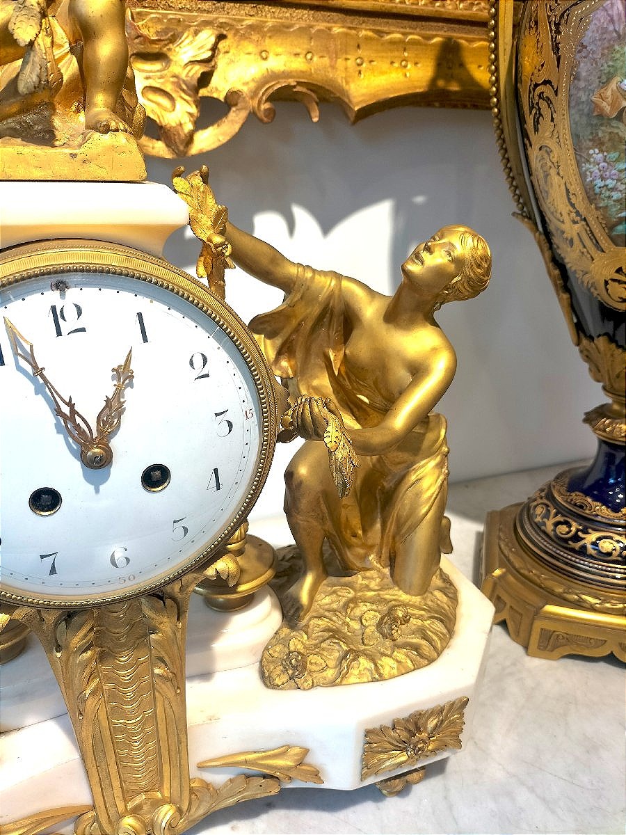 Large 19th-century Louis XVI-style Clock In Gilded Bronze And White Marble -photo-5