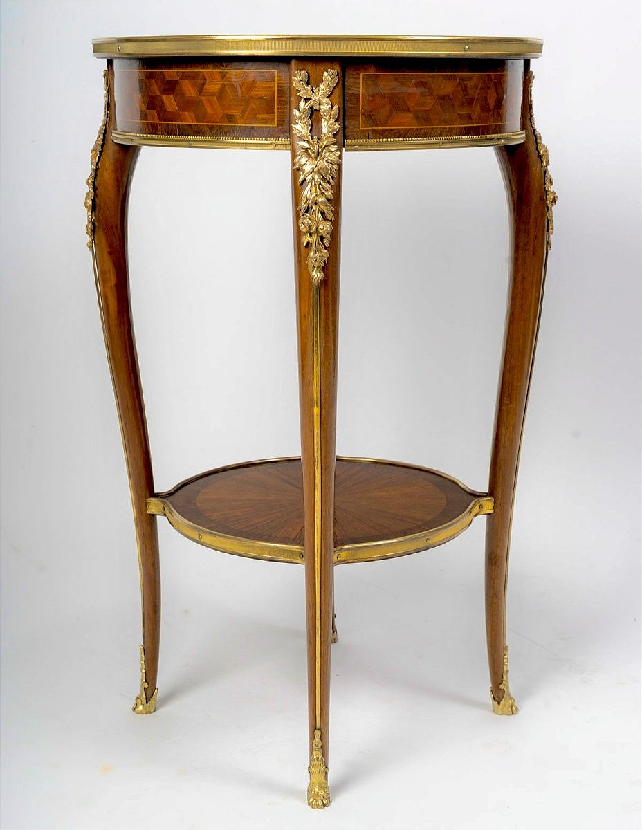 Transition Louis XV–louis XVI-style Side Table In Marquetry And Gilded Bronze -photo-3