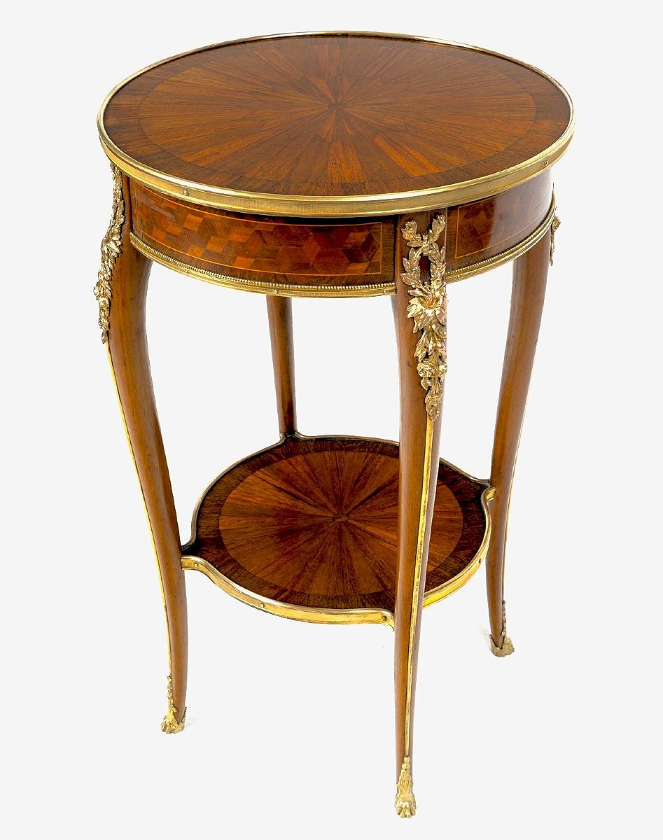 Transition Louis XV–louis XVI-style Side Table In Marquetry And Gilded Bronze 