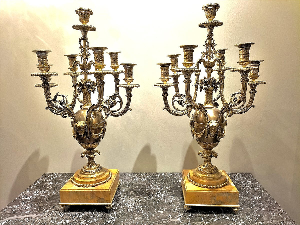 Paire d'importants candélabres en bronze doré et marbre fin 19ème siècle -photo-2