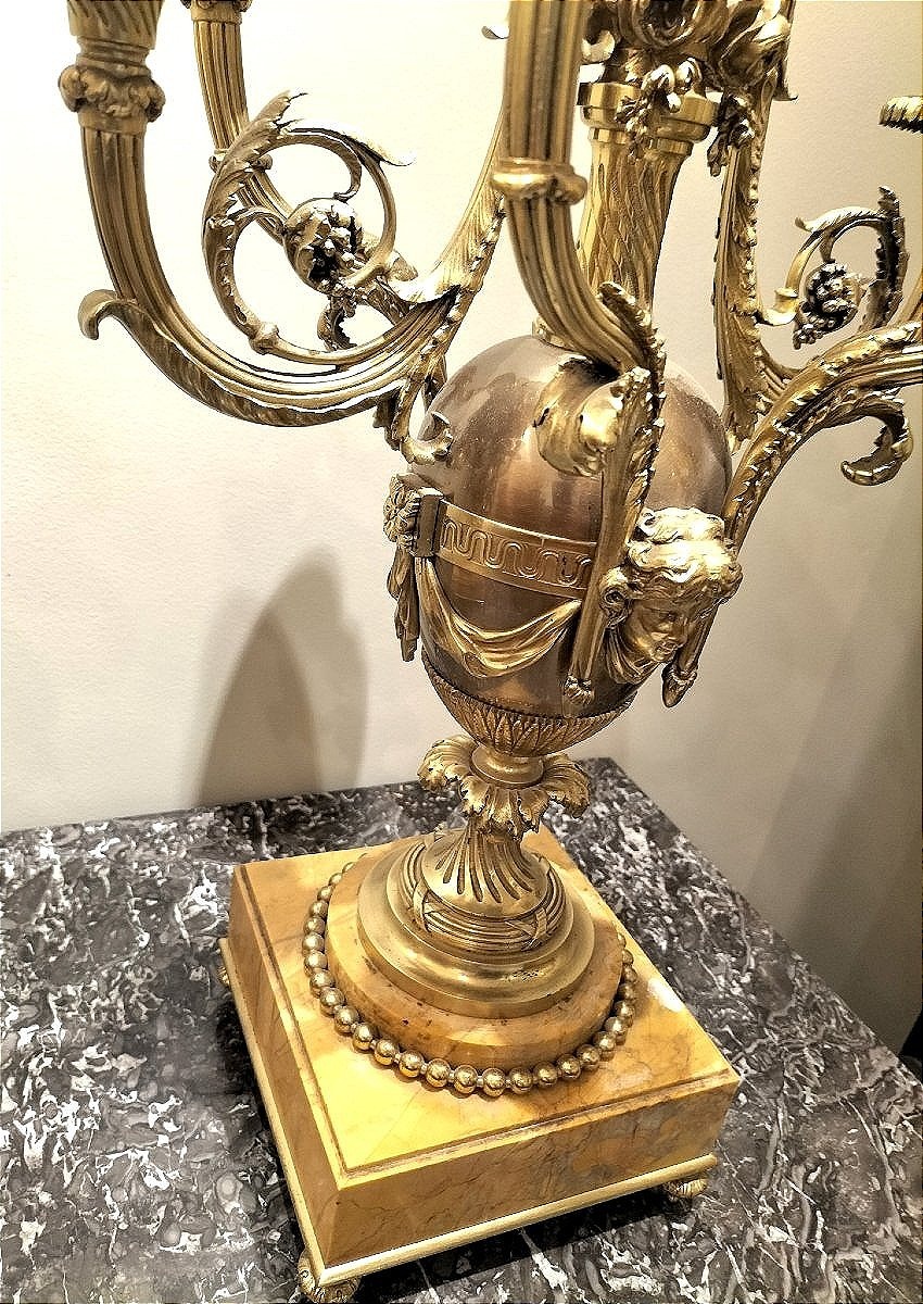 Paire d'importants candélabres en bronze doré et marbre fin 19ème siècle -photo-2