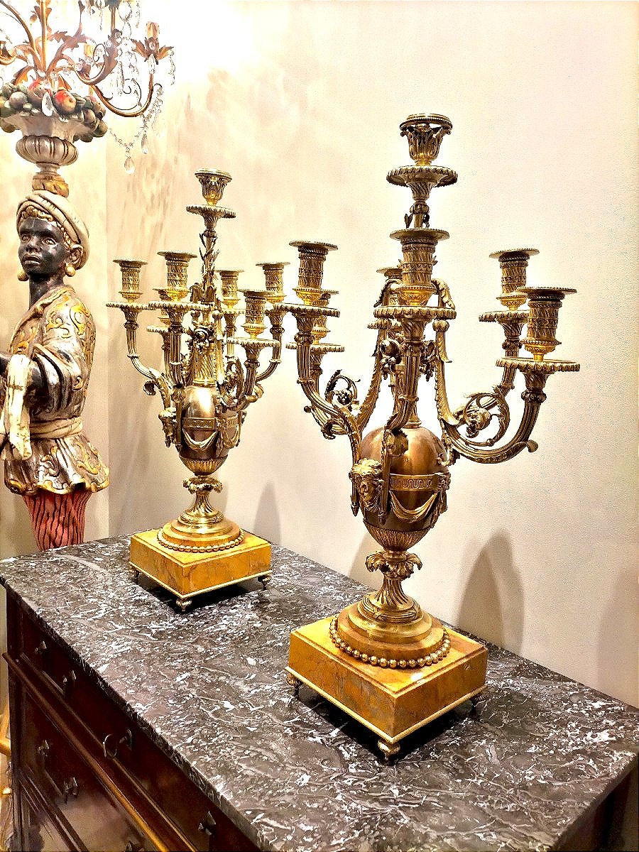 Paire d'importants candélabres en bronze doré et marbre fin 19ème siècle -photo-3