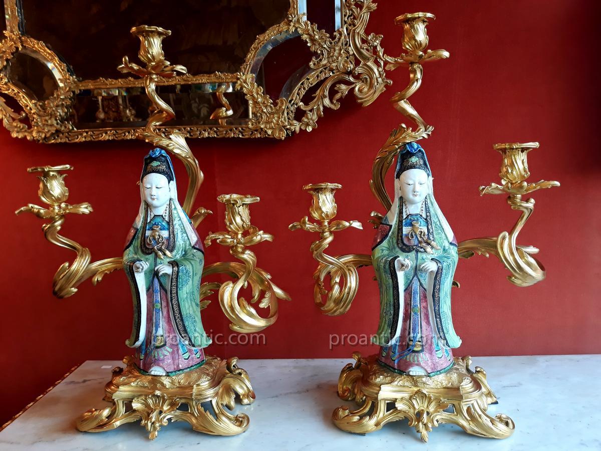 Pair Candelabra Porcelain From China Gilt Bronze Mount Louis XV Style