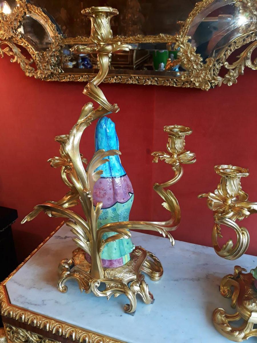 Pair Candelabra Porcelain From China Gilt Bronze Mount Louis XV Style-photo-3