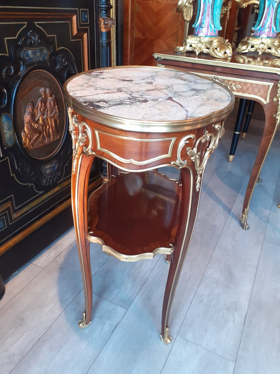 Gueridon En Acajou Et Bronze Doré Style Louis XV Fin 19ème Siècle -photo-2