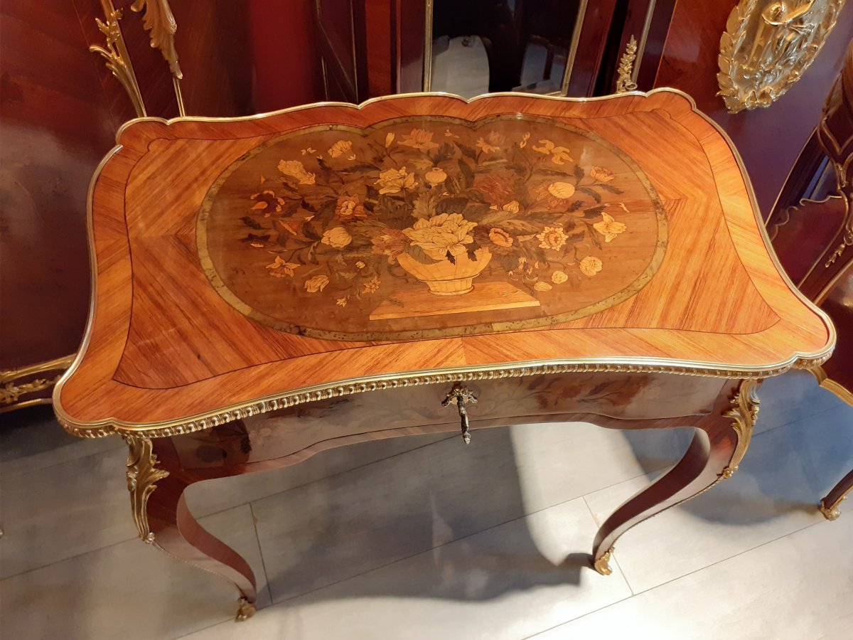 Table In Floral Marquetry And Gilt Bronze Napoleon III Period-photo-2