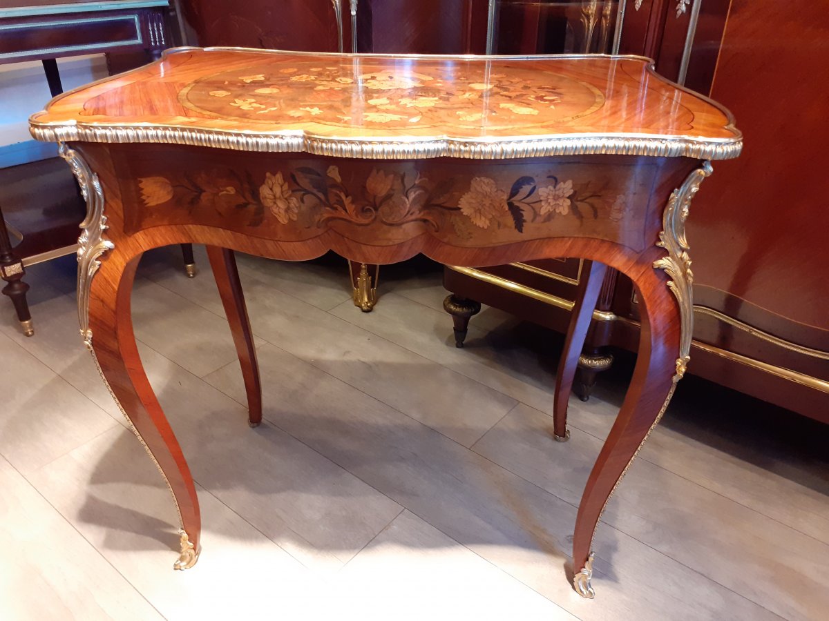 Table In Floral Marquetry And Gilt Bronze Napoleon III Period-photo-4