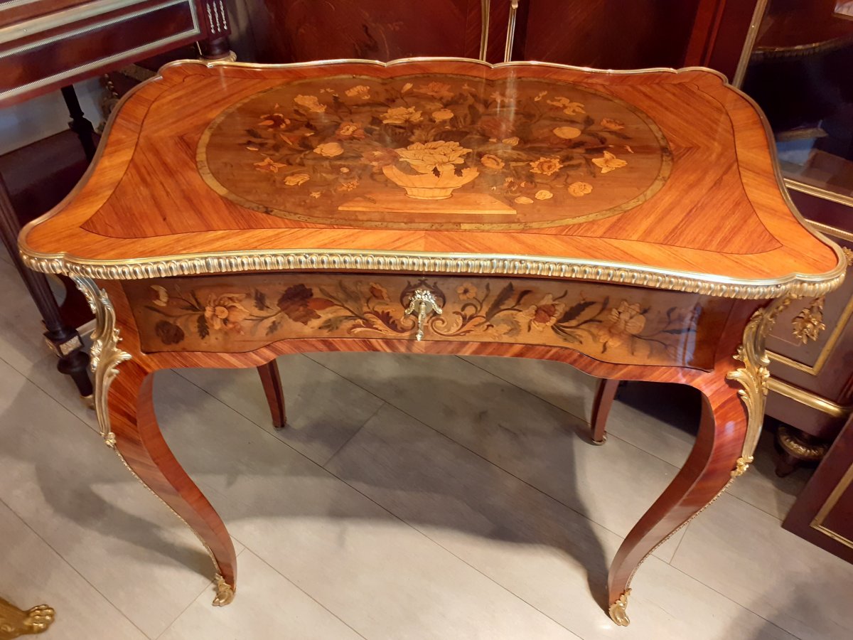 Table In Floral Marquetry And Gilt Bronze Napoleon III Period