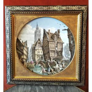 Important Framed Painted Ceramic Dish