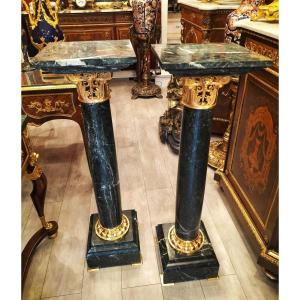 Pair Of Columns In Green Marble And Gilt Bronze